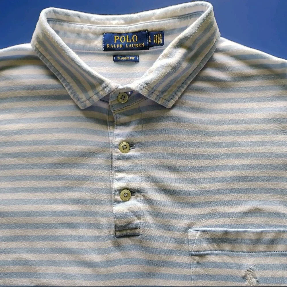 Polo Ralph Lauren Polo Shirt Men Large Blue Striped White Pony Preppy Casual